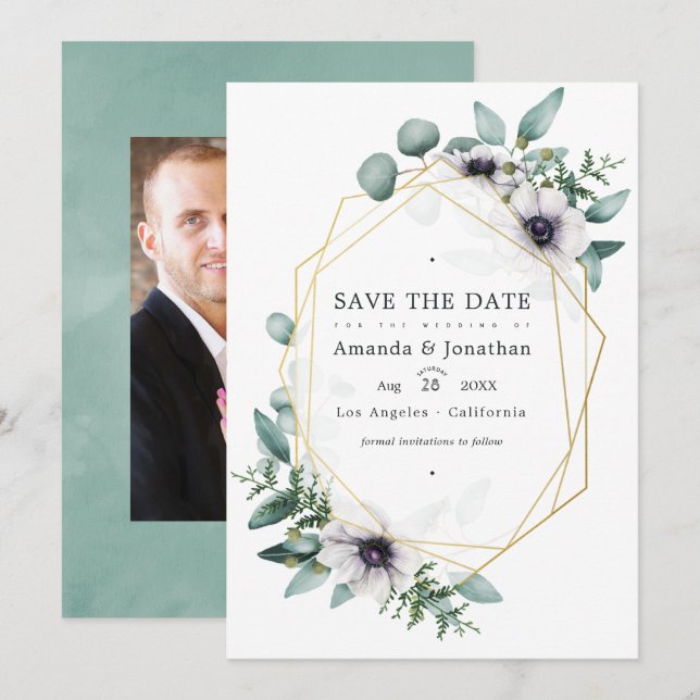 Eucalyptus Floral Geometric Wedding Photo Save The Date (Front/Back)
