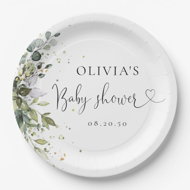 Eucalyptus Floral Greenery Baby Shower Paper Plate (Front)