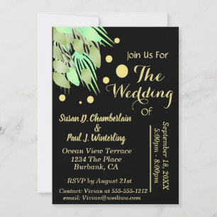 Eucalyptus floral Greenery Black & Gold Wedding Invitation