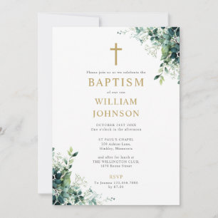 Eucalyptus Floral Greenery Monogram Baptism Invitation