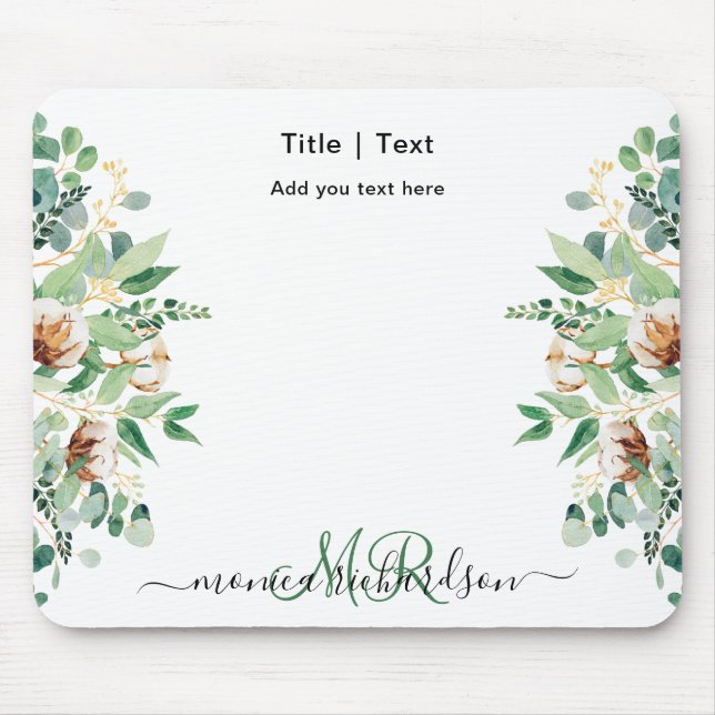 Eucalyptus Floral Greenery Monogram Simple Custom Mouse Mat (Front)