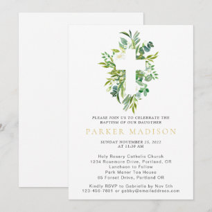 Eucalyptus Floral Greens Watercolor Cross Baptism Invitation