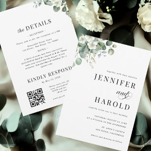 Eucalyptus Floral Minimal Plain All in One Wedding Invitation