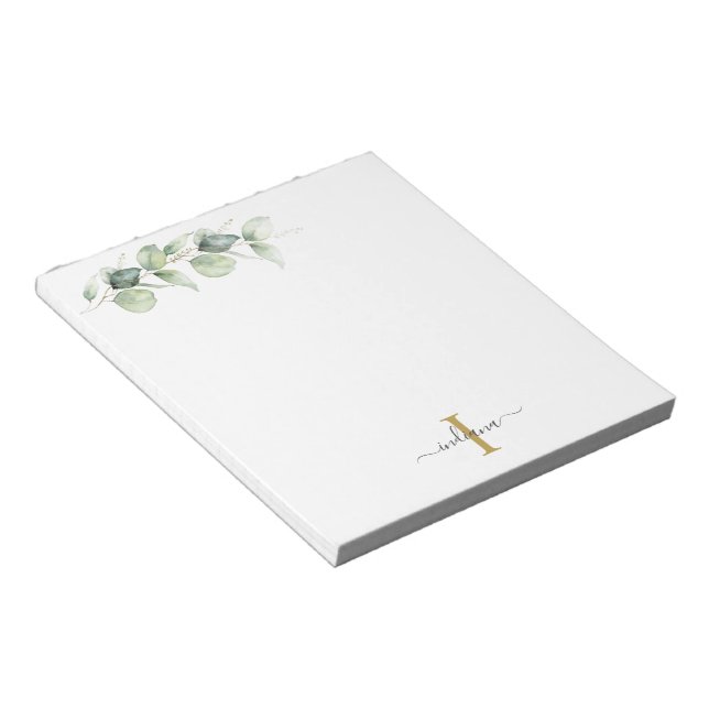 Eucalyptus Floral Sage Green Monogram Script Name Notepad (Angled)