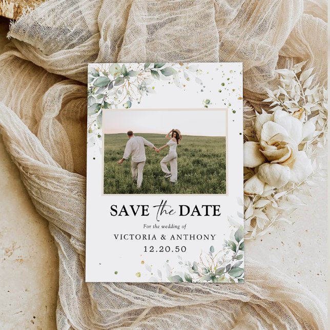  Eucalyptus Floral Save The Date with Photo Card (Creator Uploaded)