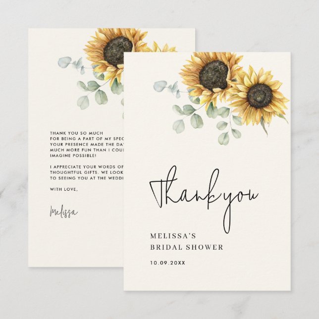Eucalyptus Floral Sunflower Bridal Shower Thank You Card (Front/Back)
