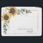 Eucalyptus Floral Sunflower Geometric iPad Air Cover<br><div class="desc">Floral Script Eucalyptus Sunflower cover for your precious possessions. Featuring a beautiful rustic floral bouquet, geometric gold effect frame, with modern simple typography. TIP: Matching wedding suite cards like RSVP, wedding programs, banners, tapestry, gift tags, signs, and other wedding keepsakes and goodies are available in the collection below featuring this...</div>