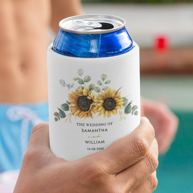 Eucalyptus Floral Sunflower Modern Wedding Can Cooler (Sunflower and Eucalyptus Floral Wedding Party Swag Can Cooler)