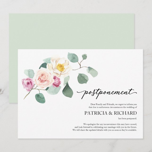 Eucalyptus Floral Wedding Postponement Invitation (Front/Back)