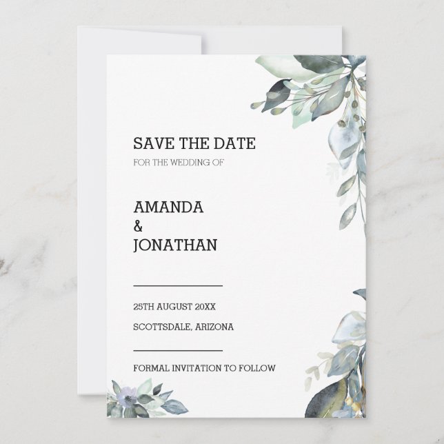 Eucalyptus Floral Wedding Save the Date Card (Front)