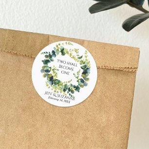Eucalyptus Floral Wreath Two Become One Wedding Classic Round Sticker