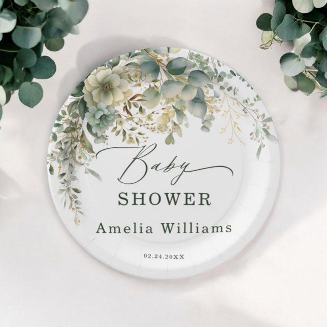 Eucalyptus Flower Watercolor Green Gold Paper Plate (Creator Uploaded)