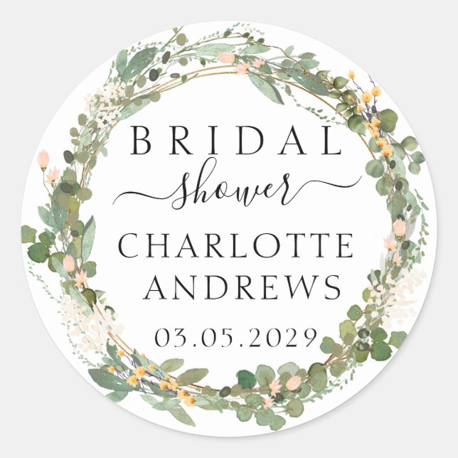 Eucalyptus Flowers Bridal Shower   Classic Round Sticker (Front)