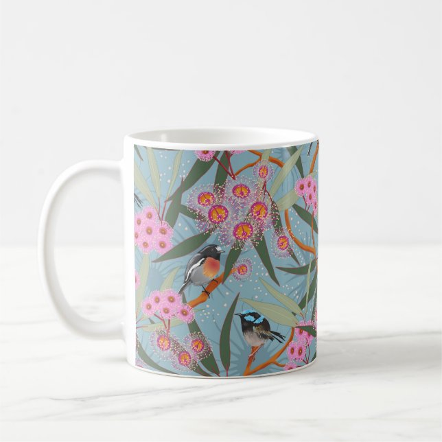 Eucalyptus Flowers with Birds in Pink and Blue Coffee Mug (Left)