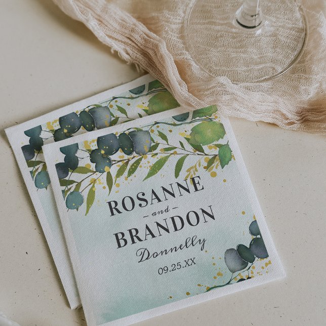 Eucalyptus Foliage and Gold Wedding Napkin (Creator Uploaded)
