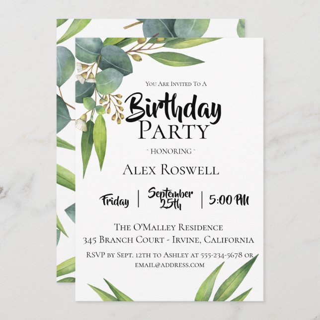 Eucalyptus Foliage Birthday Party Invitation (Front/Back)