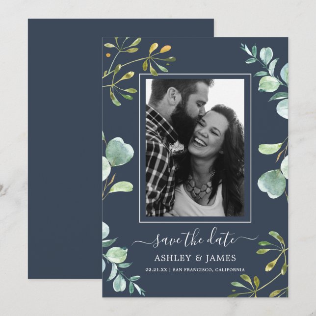 Eucalyptus Foliage Blue Botanical Save the Date Invitation (Front/Back)