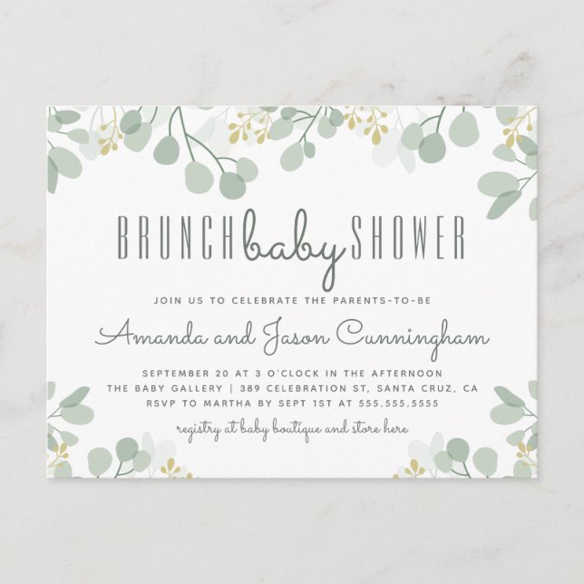 Eucalyptus Foliage Botanical Brunch Baby Shower Invitation Postcard (Front)