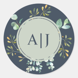 Eucalyptus Foliage Botanical Wedding Monogram Classic Round Sticker