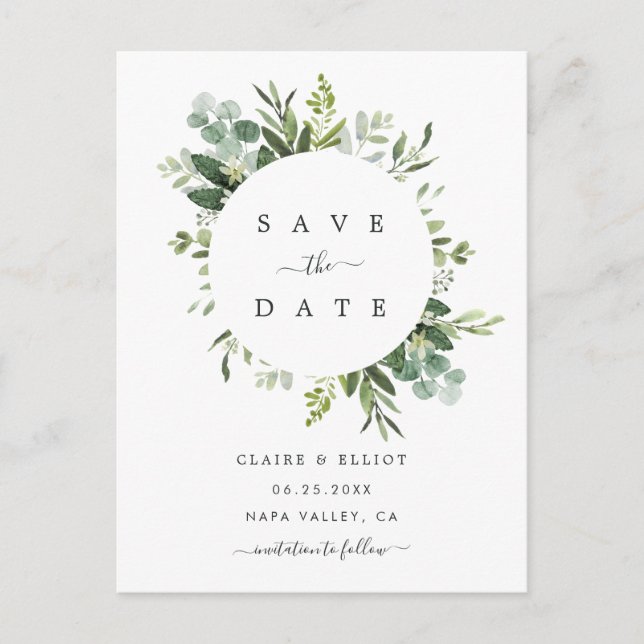 Eucalyptus Foliage Circle Frame Save the Date Announcement Postcard (Front)