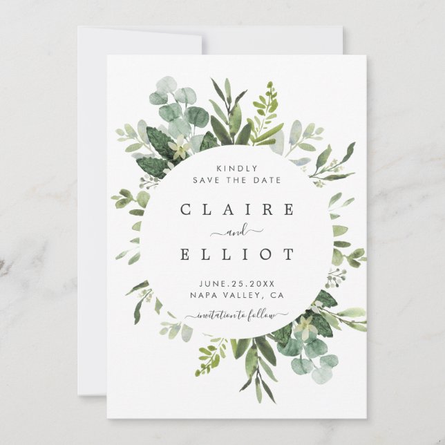Eucalyptus Foliage Circle Frame Save the Date Card (Front)