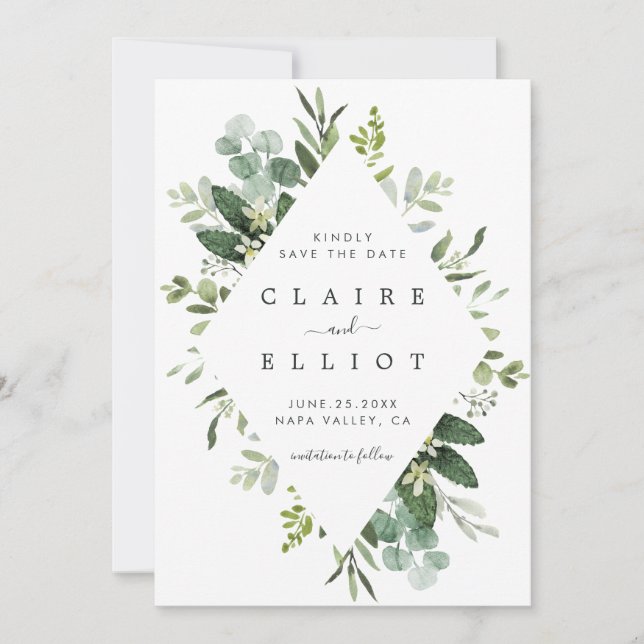 Eucalyptus Foliage Diamond Frame Save the Date (Front)
