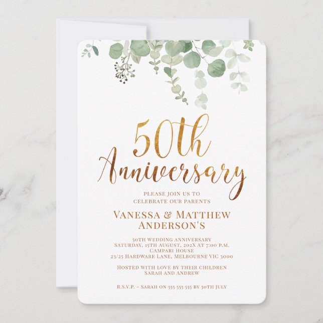 Eucalyptus Foliage Gold 50th Anniversary Invitation (Front)