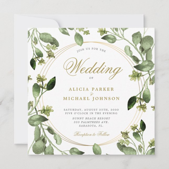 Eucalyptus foliage gold frame monogram wedding invitation (Front)
