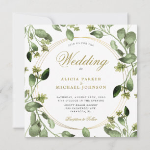 Eucalyptus foliage gold frame monogram wedding invitation