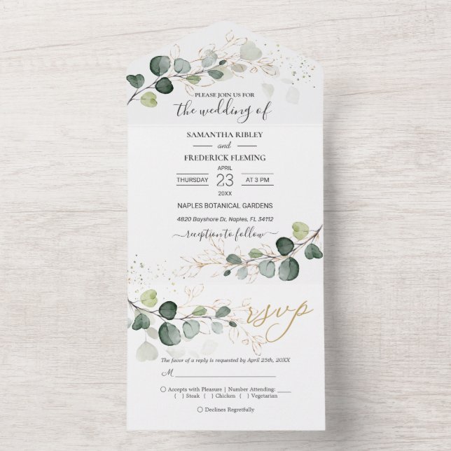 Eucalyptus Foliage Gold Leaves All In One Invitation (Inside)