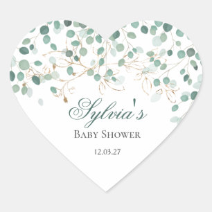 Eucalyptus Foliage Gold Leaves Baby Shower Heart Sticker