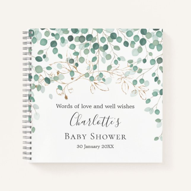 Eucalyptus Foliage Gold Leaves Baby Shower Notebook (Front)