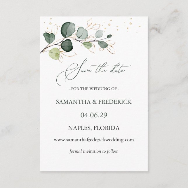 Eucalyptus Foliage Gold Leaves Save the Date Enclosure Card (Front)