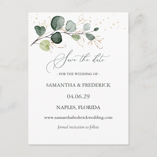 Eucalyptus Foliage Gold Leaves Save the Date Postcard (Front)