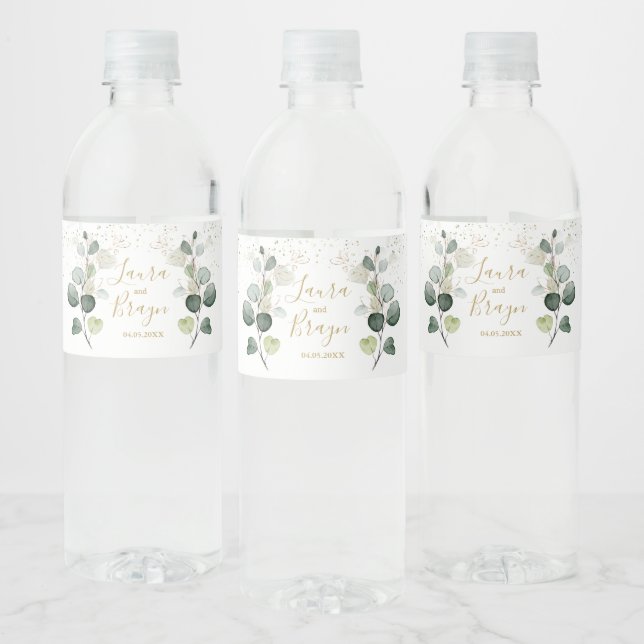 Eucalyptus Foliage Gold Leaves Water Bottle Label (Bottles)
