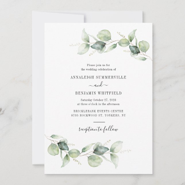 Eucalyptus Foliage Greenery Script Wedding Invitation (Front)
