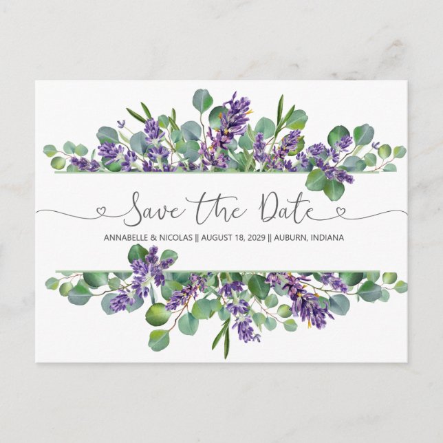 Eucalyptus Foliage Lavender Flowers Save the Date  Postcard (Front)
