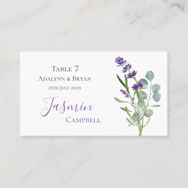 Eucalyptus Foliage Lavender Flowers Wedding Place Card (Front)