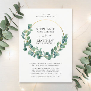 Eucalyptus Foliage Leaves Gold Wreath Wedding Invitation