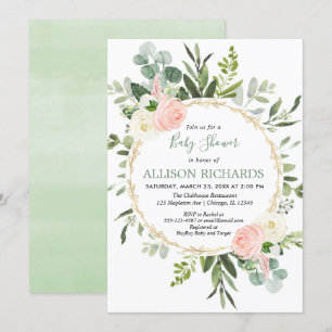 Eucalyptus foliage pink gold girl baby shower invitation