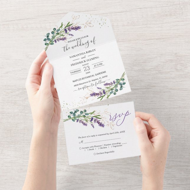 Eucalyptus Foliage Purple Lavender Flowers Wedding All In One Invitation (Tearaway)