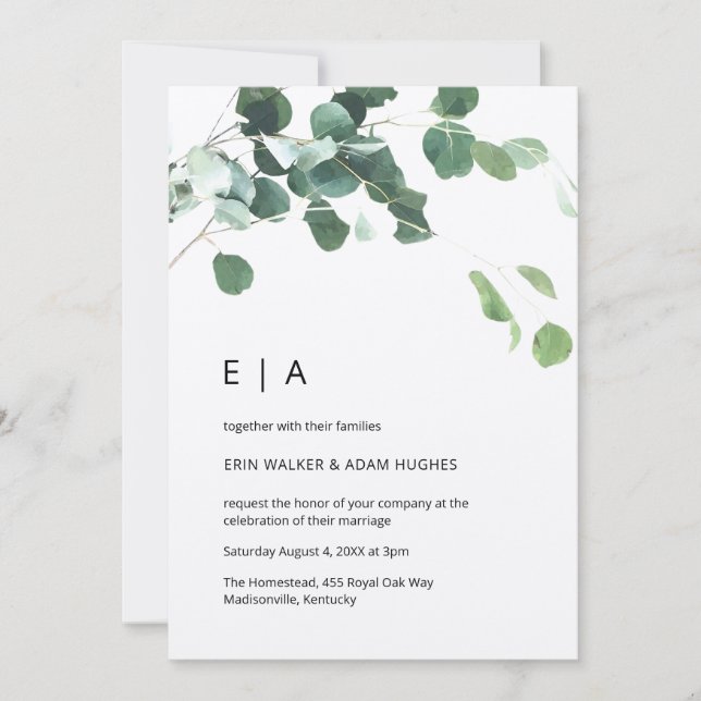 Eucalyptus Foliage Rustic Kraft Initials Wedding Invitation (Front)