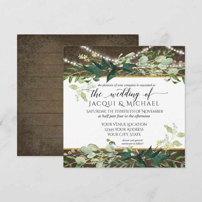 Eucalyptus Foliage Rustic Lights Winery Wedding Invitation (Front/Back)
