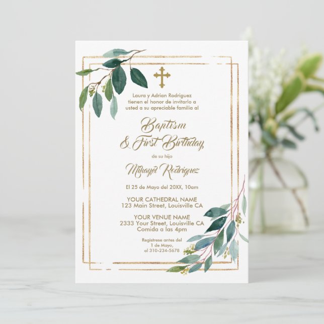 Eucalyptus Foliage Spanish 1st Birthday Baptism Invitation (Standing Front)