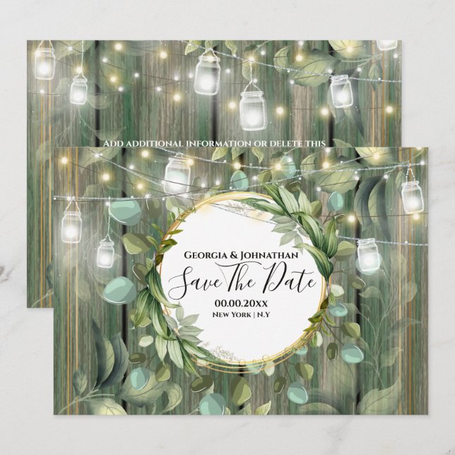 Eucalyptus foliage string lights country wood   save the date (Front/Back)