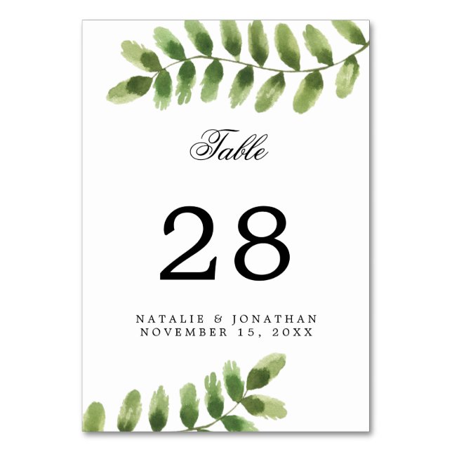 Eucalyptus Foliage Watercolor Wedding Number Chic Table Number (Front)