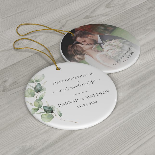 Eucalyptus Foliage Wedding Photo First Christmas Ceramic Tree Decoration (Creator Uploaded)