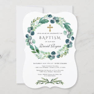 Eucalyptus Foliage Wreath Gold Cross Boy Baptism Invitation