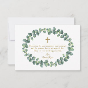 Eucalyptus Foliage Wreath Gold Cross Boy Baptism Thank You Card