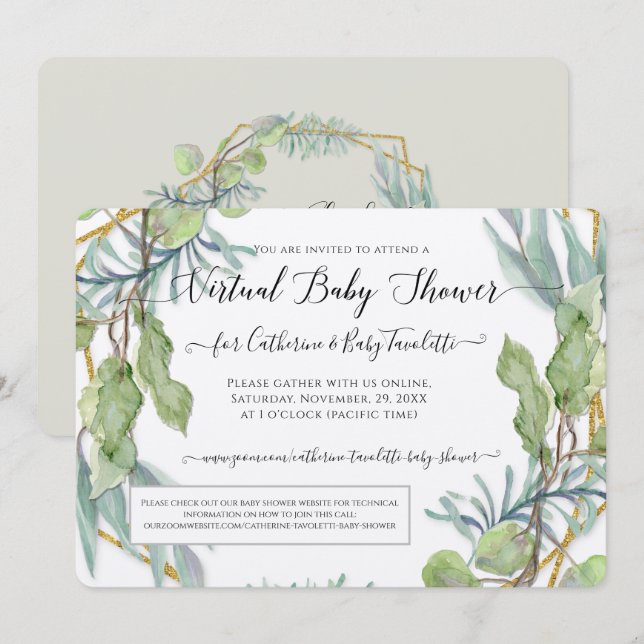 Eucalyptus Foliage Wreath Virtual Baby Boy Shower Invitation (Front/Back)